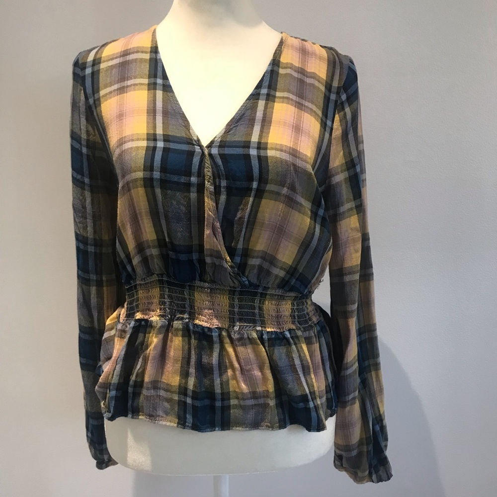 Express Plaid Peplum Faux Wrap Long Sleeve Blouse Size Small blue yellow